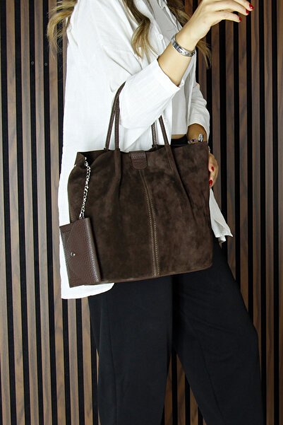 Erkan Saçmacı Brown Genuine Cowhide Suede Magnetic Closure Inner Pocket Strap Daily Large Size Shoulder Bag and Wallet