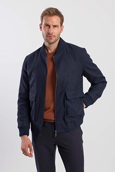 Jakamen Lacivert Comfort Fit Kolej Yaka Çizgili Mont