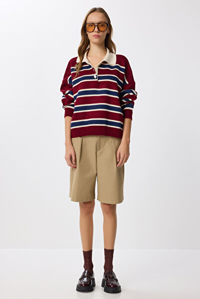 Lovelyİstanbul Gestreifter Strickpullover mit Polokragen LMW0024 KASTANIENBRAUN MARINEBLAU