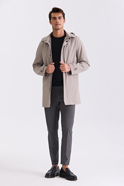 Jakamen Beige Comfort Fit Hooded Classic Model Coat with Hidden Zipper