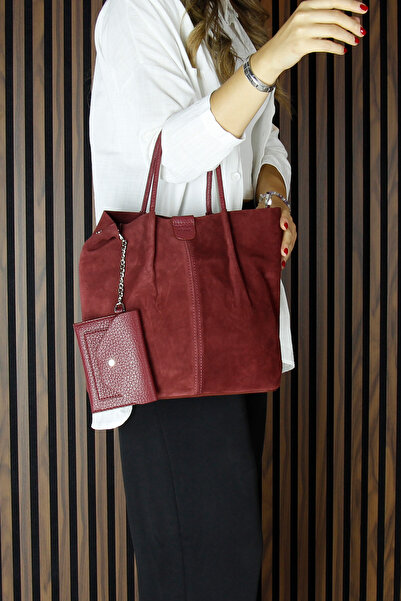 Erkan Saçmacı Burgundy Genuine Cowhide Suede Magnetic Closure Inner Pocket Strap Daily Large Size Shoulder Bag and Wallet