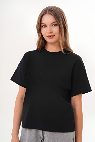 Basics&More Tricou negru din bumbac cu model simplu basic pentru femei