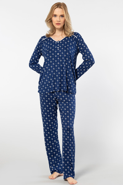 TÜREN Σετ πιτζάμες με μακρυμάνικο μπλε ναυτικό με λουλουδάτο μοτίβο - 3382