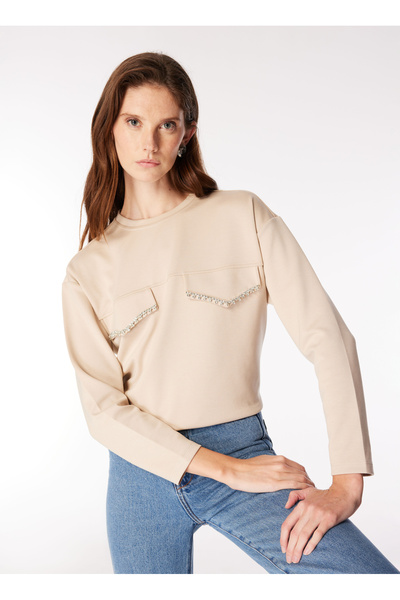 Fabrika Açık Bej Kadın Bisiklet Yaka Rahat Sweatshirt F4WL-SWT0136