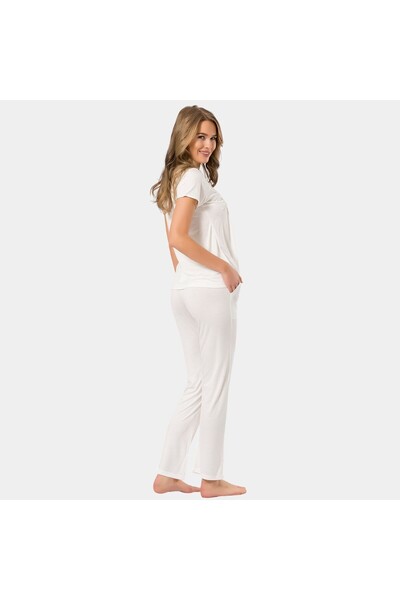 TÜREN Women's Ecru Collar Buttoned Pajama Set 3236