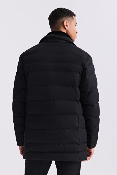 Jakamen Siyah Regular Fit Yaka Kürklü Düğmeli Şişme Mont