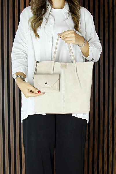 Erkan Saçmacı Beige Genuine Cowhide Suede Magnetic Closure Inner Pocket Strap Daily Large Size Shoulder Bag and Wallet