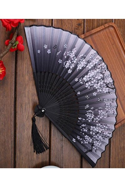 BERG - Bambu Ve Kumaş Özel Siyah Gri Çiçek Desenli Şık Hediyelik Yelpaze