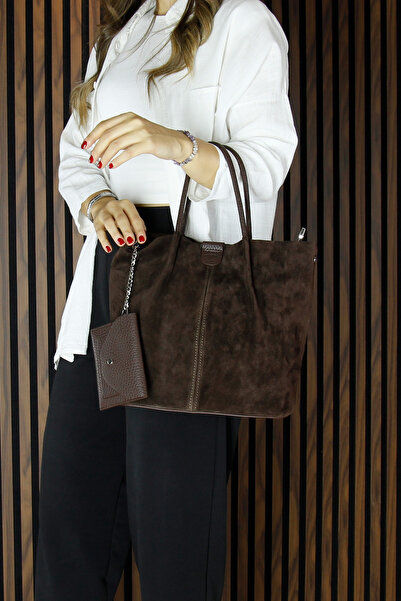 Erkan Saçmacı Brown Genuine Cowhide Suede Magnetic Closure Inner Pocket Strap Daily Large Size Shoulder Bag and Wallet