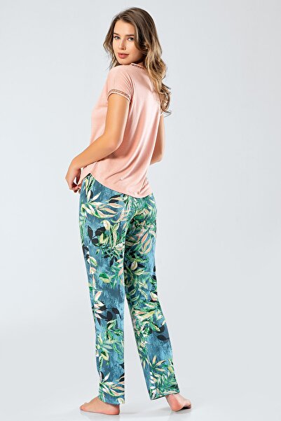 TÜREN Yapraklı Kısa Kollu Pijama Takım 3357/Petrol