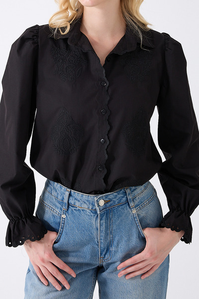 fumel women's clothing Women's Black Scallop Detailed Vintage Embroidered Shirt
