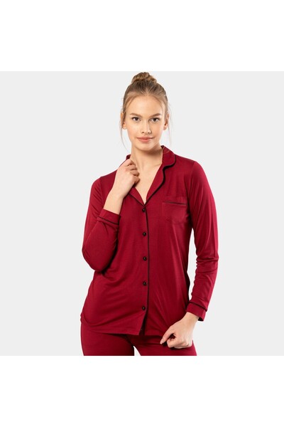 TÜREN Plain Long Sleeve Shirt Collar Pajamas Suit 3365/Bordo