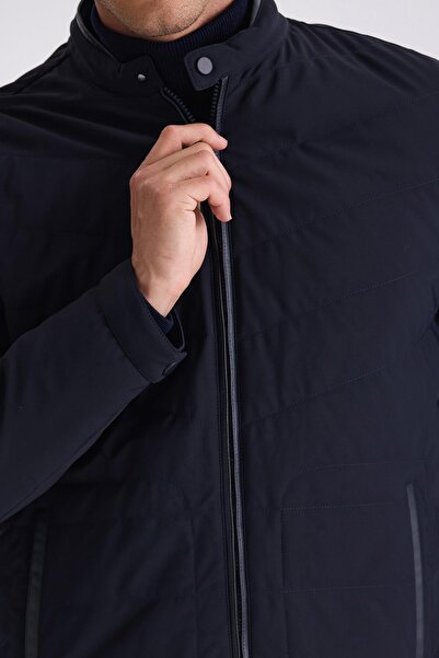 Jakamen Μπλε Navy Comfort Fit Εποχιακό παλτό με γιακά και φερμουάρ μπροστά