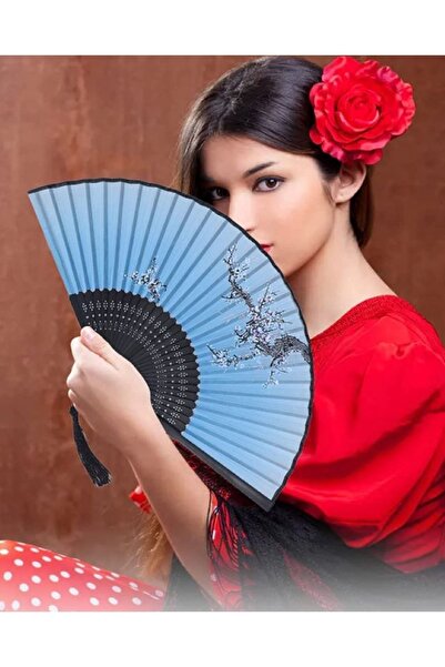 BERG - Hediye Kutusu Ile Bambu Beyaz Çiçek Desenli Mavi Şık Japon Yelpaze Lük...