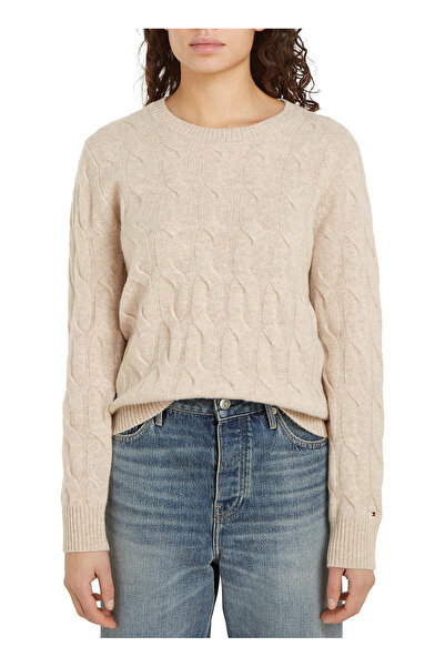 Tommy Hilfiger Pulover de damă bej cu decolteu tip bicicletă, cu model SOFT WOOL CABLE C-NK.
