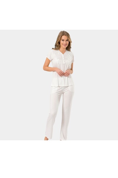 TÜREN Women's Ecru Collar Buttoned Pajama Set 3236