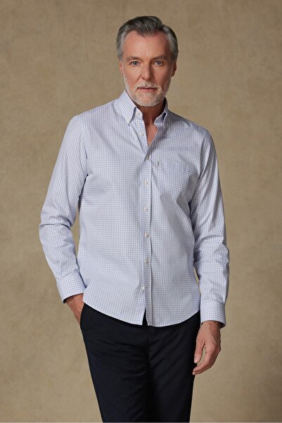 Abbate Aldomar Poplin Pamuklu Comfort Fit Açık Mavi Düğmeli Yaka Erkek Kareli Gömlek