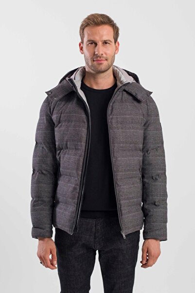 Jakamen Antrasit Comfort Fit Ekose Kareli Kapüşonlu Mont