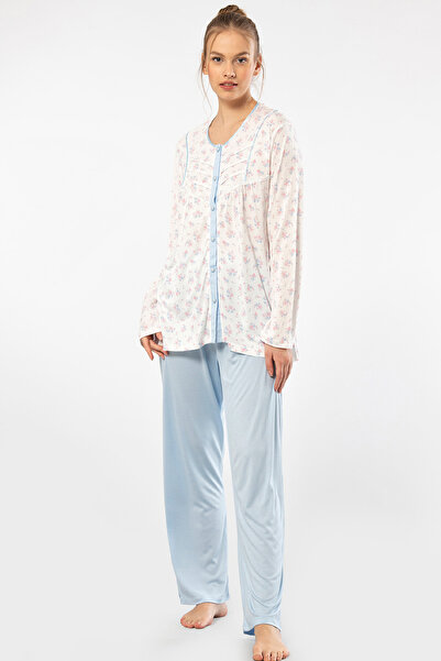 TÜREN Set pijama cu mâneci lungi cu nasturi imprimat 3367/Albastru