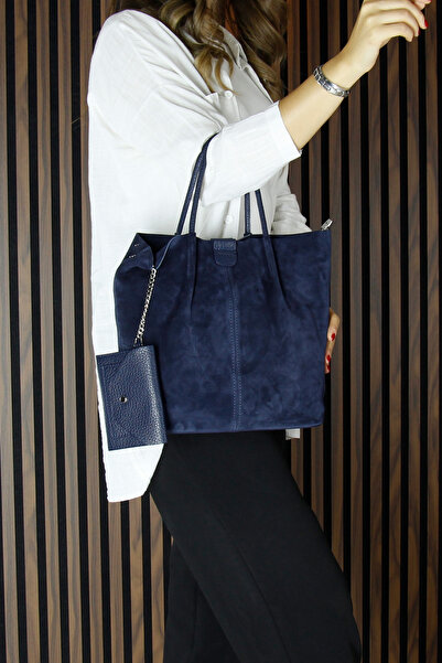 Erkan Saçmacı Синя шкіряна сумка з магнітною застібкою, внутрішніми кишенями, ременем через плече, великого розміру та гаманцем