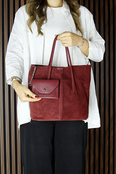 Erkan Saçmacı Burgundy Genuine Cowhide Suede Magnetic Closure Inner Pocket Strap Daily Large Size Shoulder Bag and Wallet
