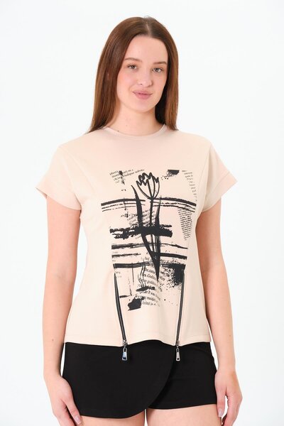 Sortie Collection Fermuarlı Baskılı Bluz Bej