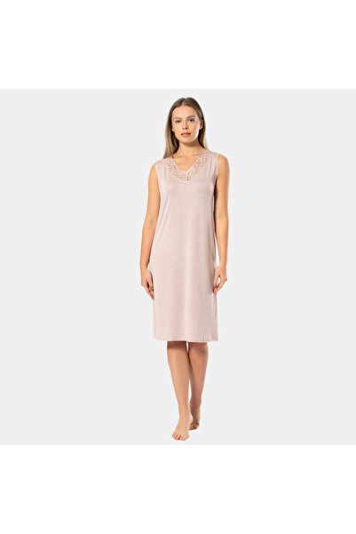 TÜREN Γυναικείο νυχτικό με δαντέλα με λαιμόκοψη σε σχήμα V 3285/Πούδρα