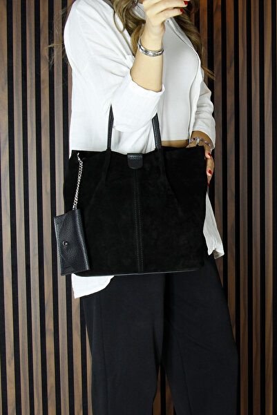 Erkan Saçmacı Black Genuine Cowhide Suede Magnetic Closure Inner Pocket Strap Daily Large Size Shoulder Bag and Wallet