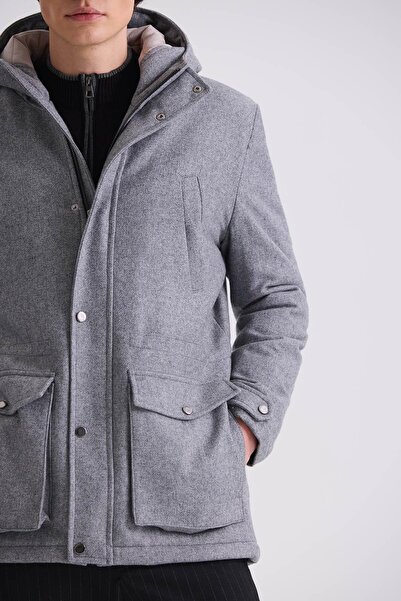Jakamen Gray Comfort Fit Hooded Woolen Coat