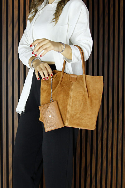 Erkan Saçmacı Τσάντα ώμου και πορτοφόλι καθημερινής χρήσης μεγάλου μεγέθους, από γνήσιο δέρμα αγελάδας, με μαγνητικό κλείσιμο και εσωτερική τσέπη με λουράκι