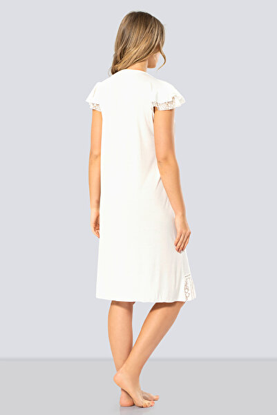 TÜREN Women's Cream Lace Detailed Buttoned Short Sleeve Nightgown 3284