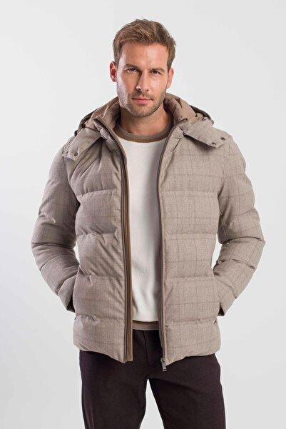 Jakamen Bej Comfort Fit Ekose Kareli Kapüşonlu Mont