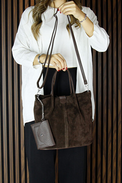 Erkan Saçmacı Brown Genuine Cowhide Suede Magnetic Closure Inner Pocket Strap Daily Large Size Shoulder Bag and Wallet