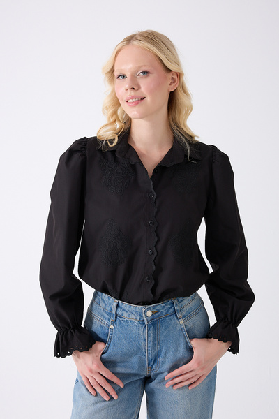Butik Vintage Embroidered Shirt with Fisto Detail Black - Fumel