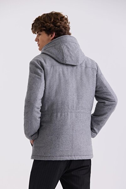 Jakamen Gray Comfort Fit Hooded Woolen Coat