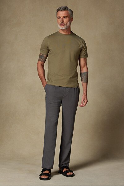 Abbate Ανδρικό μπλουζάκι από εύκολο βαμβακερό χαλαρό χακί με λαιμόκοψη