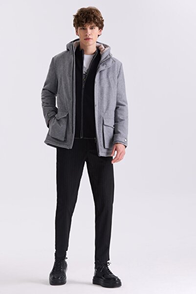 Jakamen Gray Comfort Fit Hooded Woolen Coat