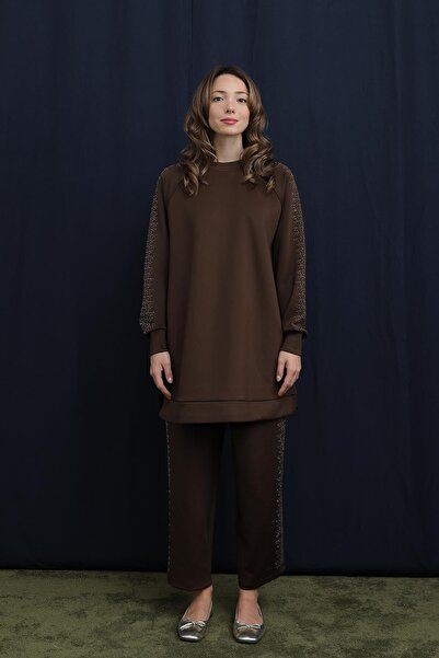 Puane Women's Basic Set with Stone Detail on Sleeves and Sides of Pants - 14394Tks - Brown