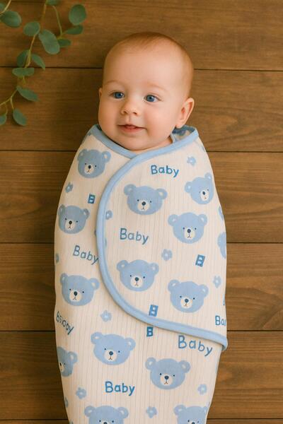 anne dokunuşu gibi KUZUM BEBE Mavi Fitilli Kumaş (3LÜ) Ayıcık Desen Kundaklı Bebek Takım