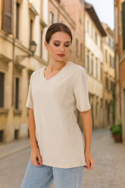 KozaLüks V Yaka Penye %100 Pamuk Tişört – Yazlık Günlük Basic