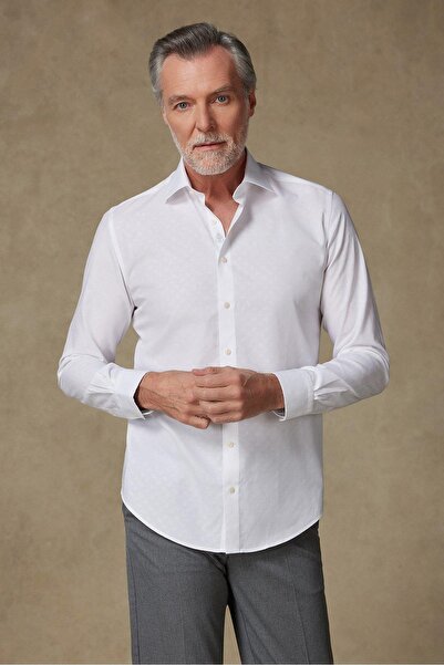 Abbate Ανδρικό πουκάμισο με σχέδιο Donatello Jacquard Cotton Slim Fit Λευκό Κλασικό Πέτο
