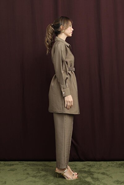 Puane Kadın Gizli Patlı Beli Lastik Kemerli Takım - 14388TKS - Vizon