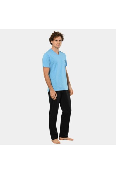 Cacharel Men's Slub V-Neck Embroidered Short Sleeve Pajamas 2137/Blue