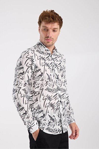 Abbate AClub Aclub Ac10063 Twill Cotton Slim Fit White Classic Collar Men's Printed Shirt