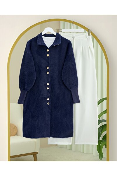 Modamorfo Buttoned Front Long Bearded Soft Cardigan - Navy