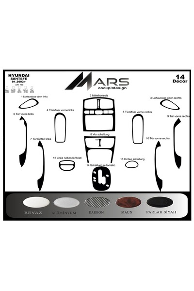 Marscockpitdesign هيونداي سانتافه توربيدو كونسول 2002-2006 14 قطعة