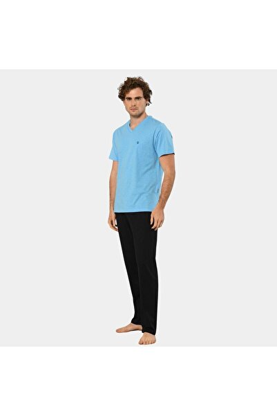 Cacharel Men's Slub V-Neck Embroidered Short Sleeve Pajamas 2137/Blue