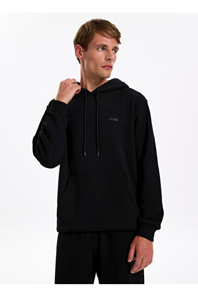 Jeep Kapüşon Yaka Düz Siyah Erkek Sweatshırt C4WM-SWT4254