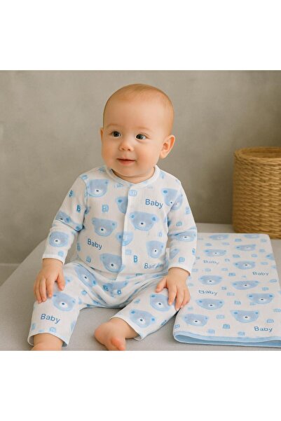 anne dokunuşu gibi KUZUM BEBE Mavi Fitilli Kumaş (3LÜ) Ayıcık Desen Kundaklı Bebek Takım
