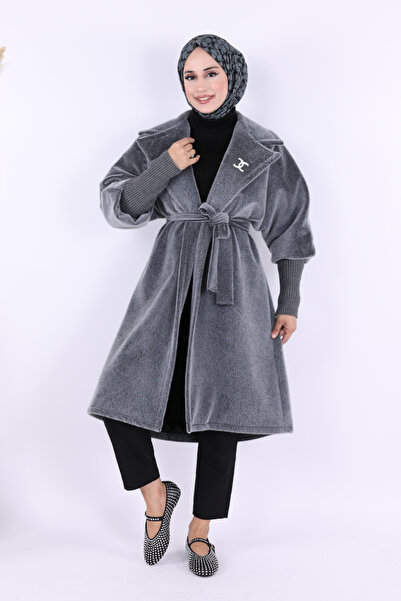 Bym Fashion Gray Coat 7874 - with Stone Bronchies Detail and Waist Belt